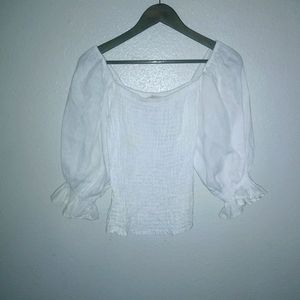 Sofia S Linen White Puff Sleeve Gathered Elastic Bodice Crop Top Italy